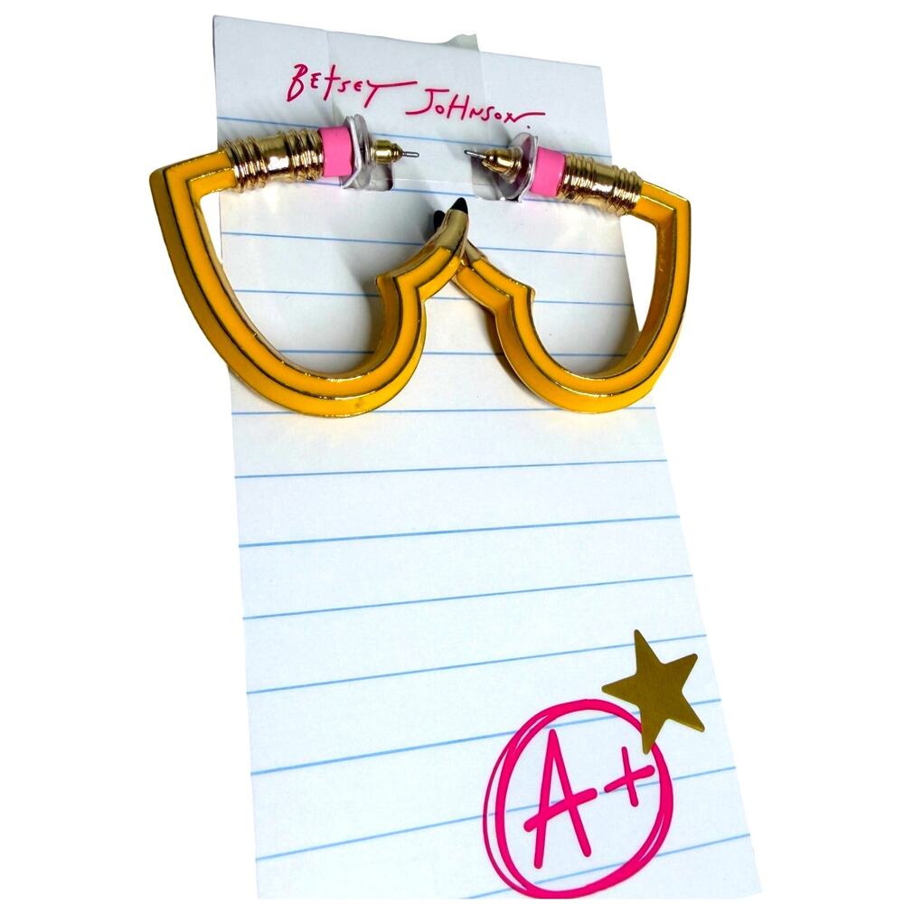 Betsey Johnson Teacher gift statement Yellow Heart Shaped Pencil Hoop Earrings